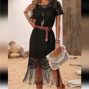 Lace Long Fringe Black Dress Western Women Attire/Country Dress,Summer